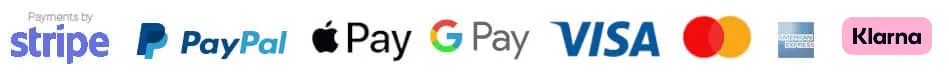 We Accept payment by Stripe, PayPal, ApplePay, GooglePay, Visa, Mastercard, American Express and Klarna